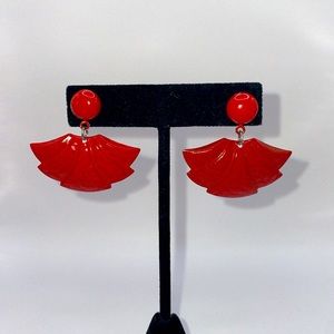 Vintage Red Metal Enamel Fan Shape Dangle Drop Statement Earrings